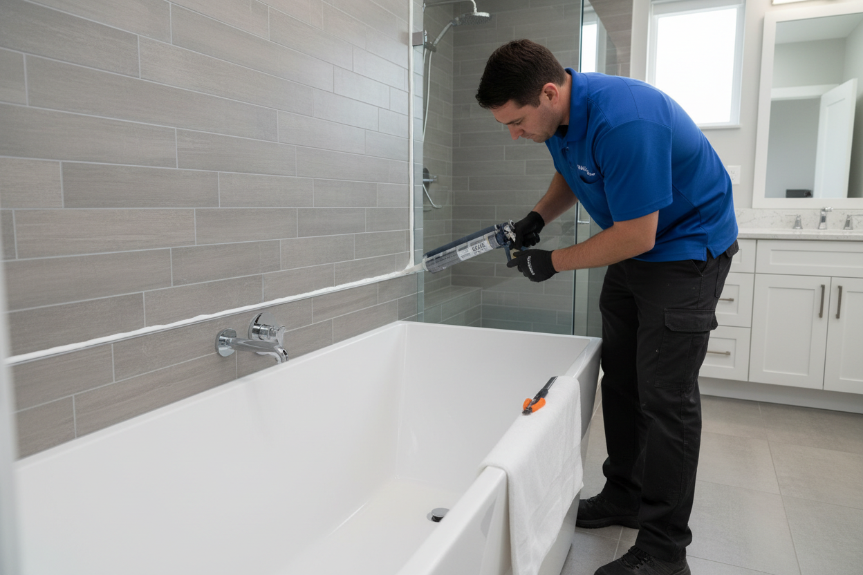 Professional caulking around bathtub and shower